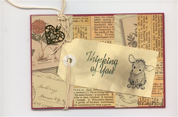 A tag art thinking of you card with a house mouse rubber stamp image.